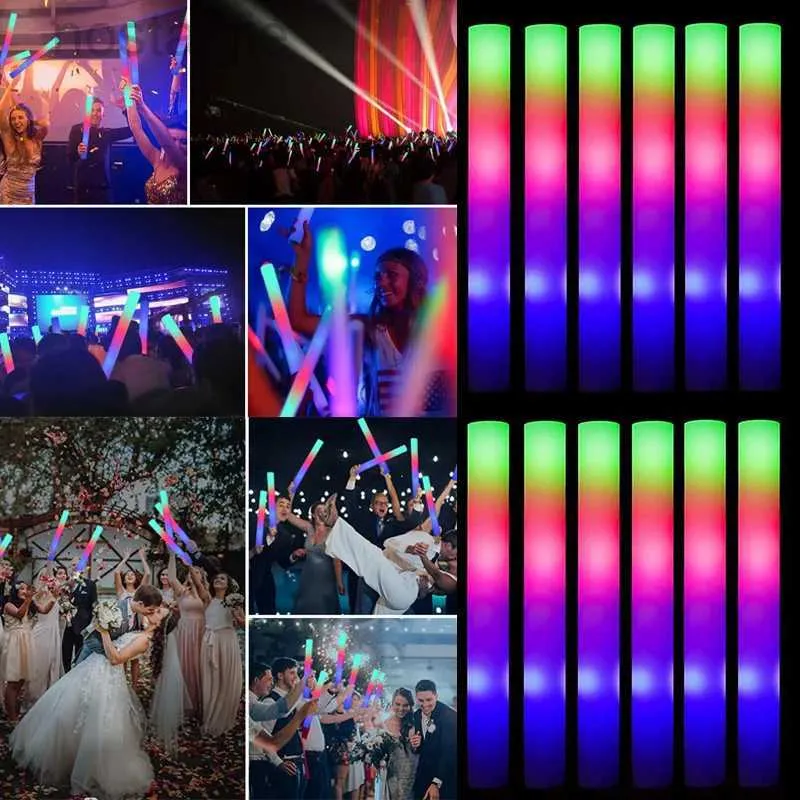 LED RAVE Toy 15/30 stks LED Glow Sticks Bulk kleurrijke RGB Glow Foam Stick Cheer Tube Dark Light For Kerst Birthday Wedding Party Supplies 240410