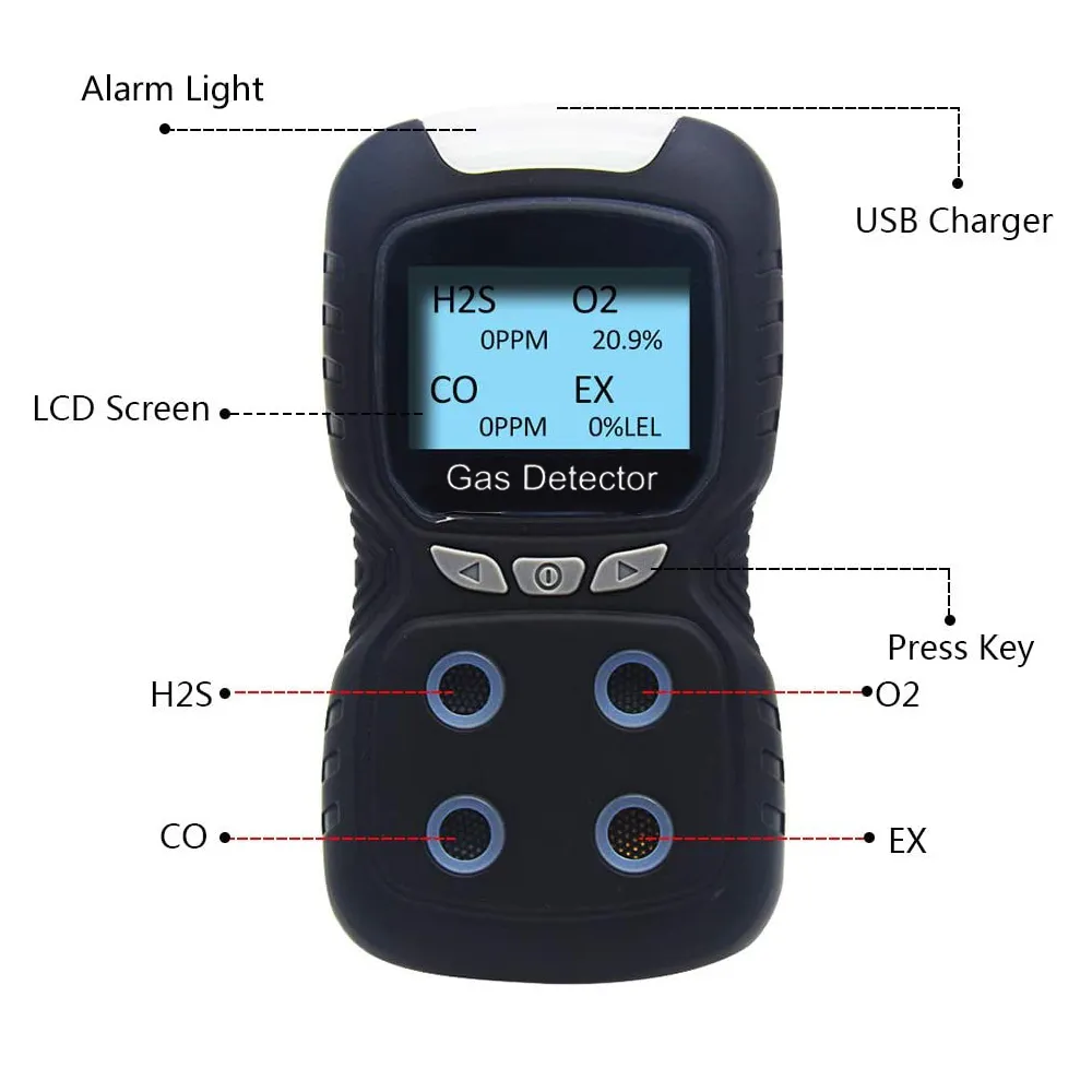 4 dans 1 Tester de qualité d'air LCD Affichage du détecteur d'alarme de gaz toxique CO O2 H2S Oxygène Monitor Instrument de mesure du gaz
