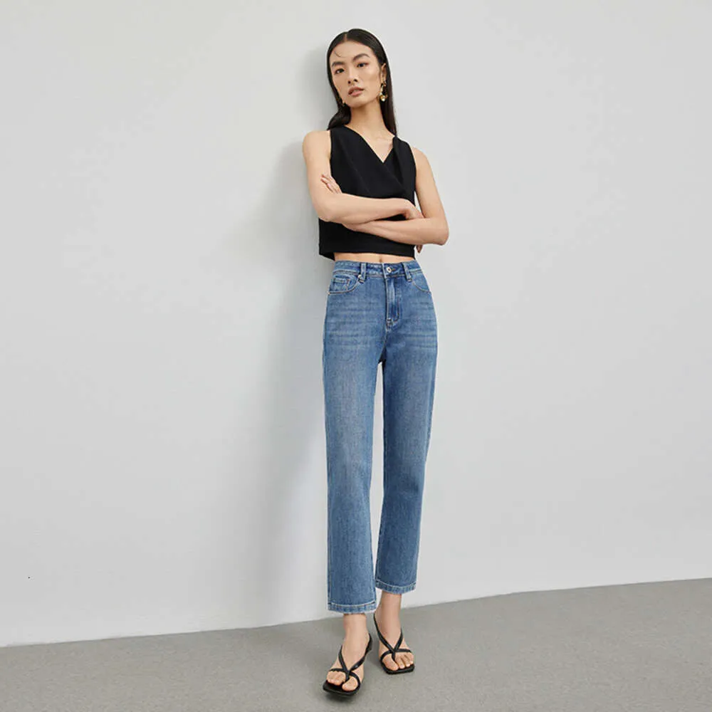 2024 jeans elastici a quattro lati di fascia alta con i pantaloni a gamba dritta versatili ad alta vita