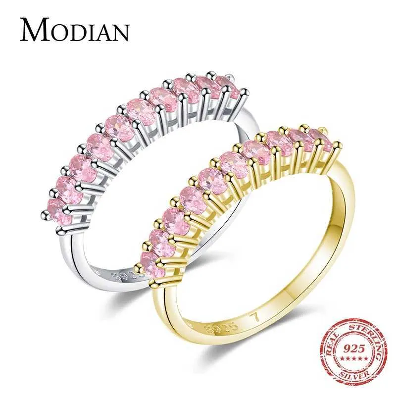 Bandringar Modian Romantic Pink Cubic Zirconia Ring med True 925 Sterling Silver Luxury Dazzling Finger Ring J240410