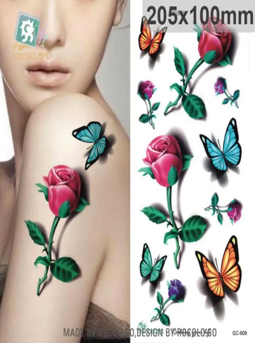 Körperkunst wasserdichte temporäre Tattoo Aufkleber für Frauen schöne 3D -Farben Schmetterling Rose Großer Arm Tatoo Ganz QC26091308585
