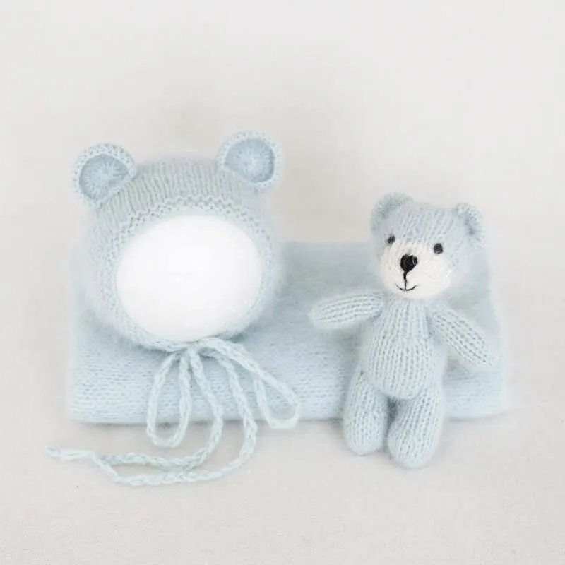 Newborn Teddy Hat Toy Set Photography Props Knit Fluffy Animal Filler Bonnet Photo Shoot Amigurumi Toy