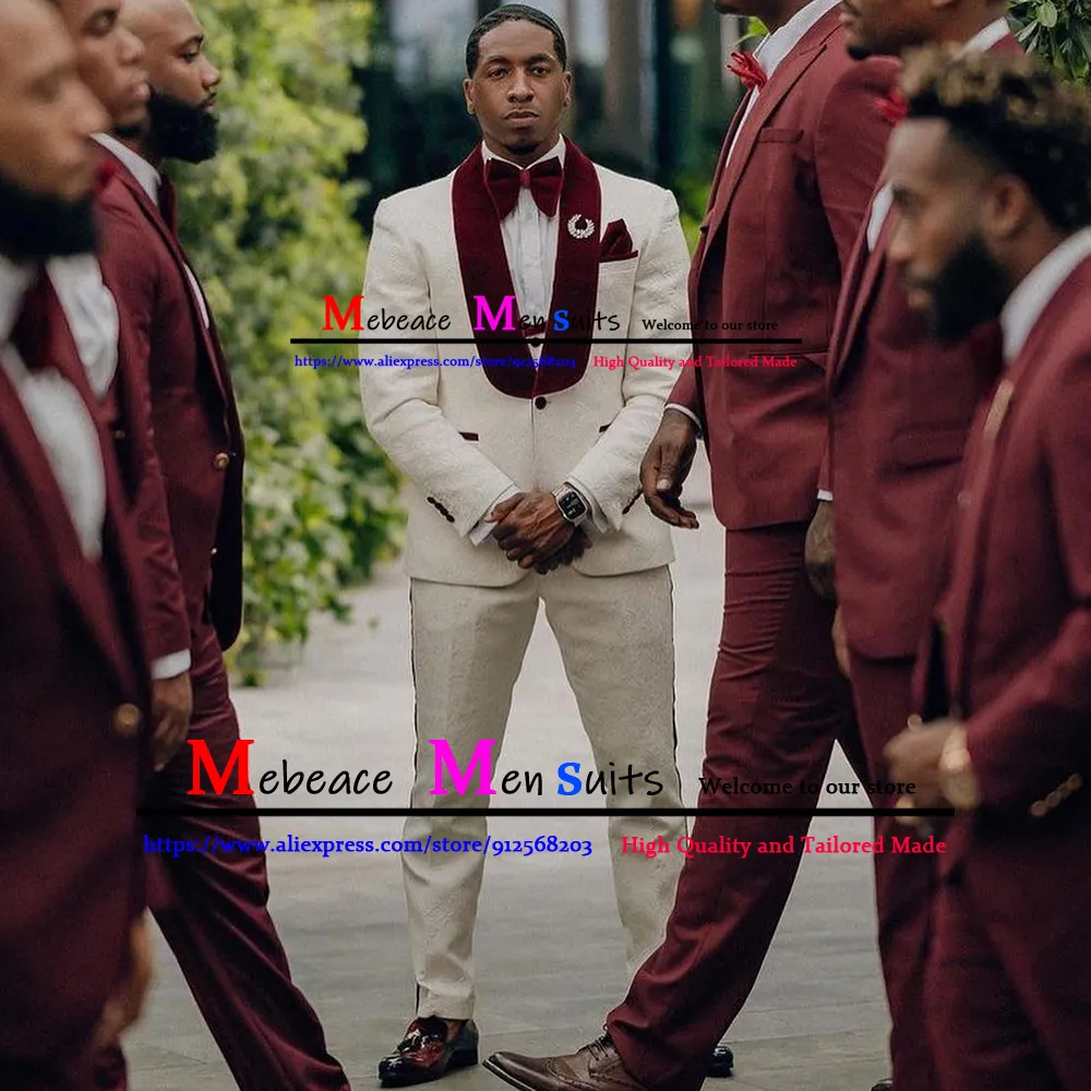 DHgate.com:Ivory Jacquard & Burgundy Velvet Mens 3-Piece