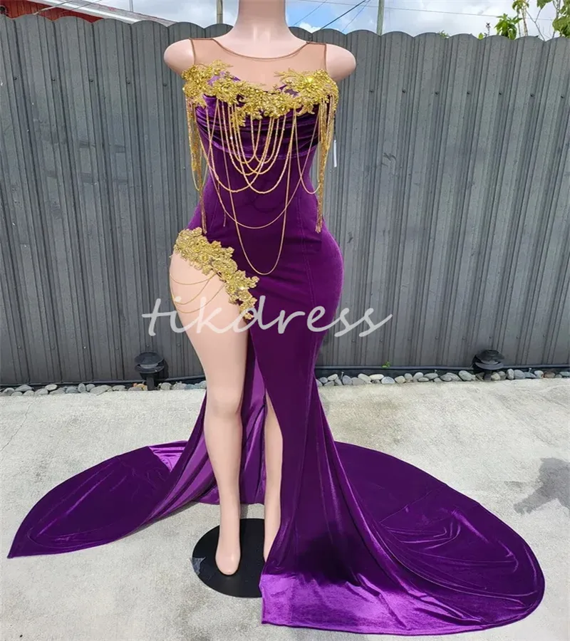 Gorgeous Purple Evening Dresses With Gold Appliques Luxury Black Girls Velvet Prom Dress With Slit Tassel Mermaid Birthday Formal Occasion Dance Party Gowns 2024