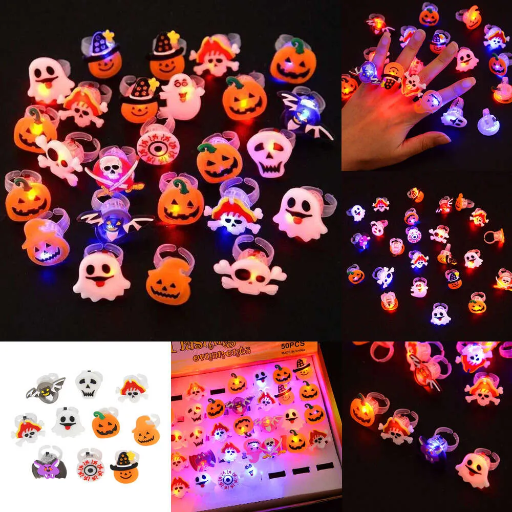 50st LED Light Halloween Ring Glowing Pumpkin Ghost Skull Rings Kids Gift Halloween Party Decoration for Home Horror Props Supplies