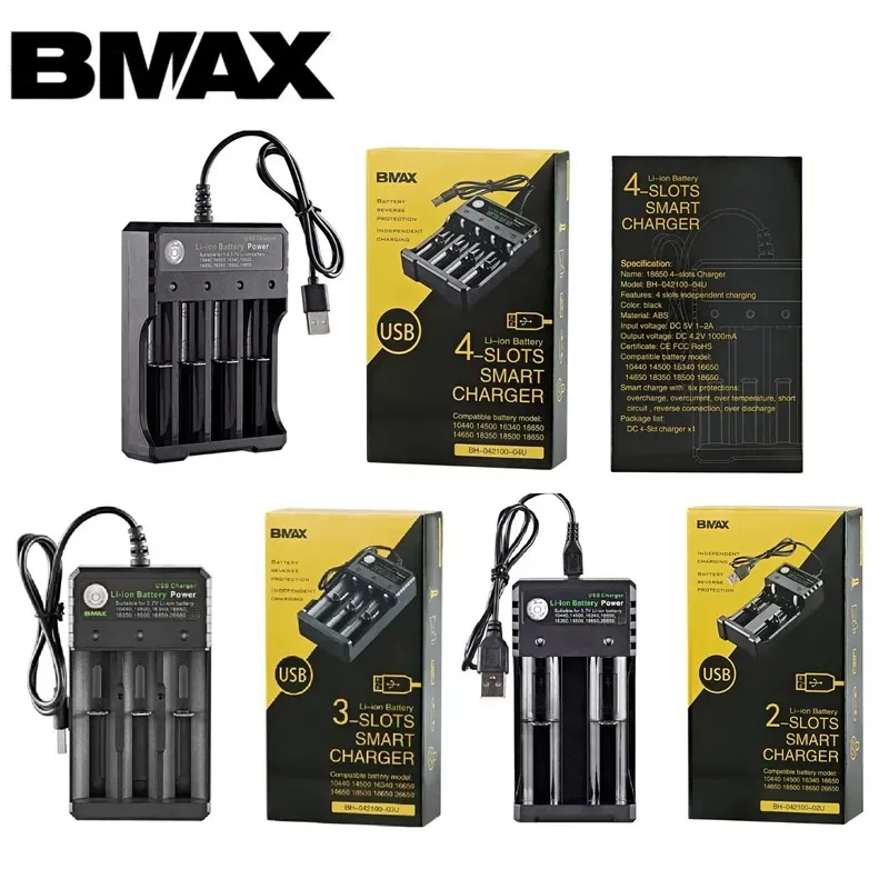 Chargeur de batterie Bmax d'origine 2 3 4 emplacements Lithium USB Smart Charger pour IMR 18350 18500 18650 26650 21700 Battelles rechargeables LI-ion Universal Chargeurs Authentiques
