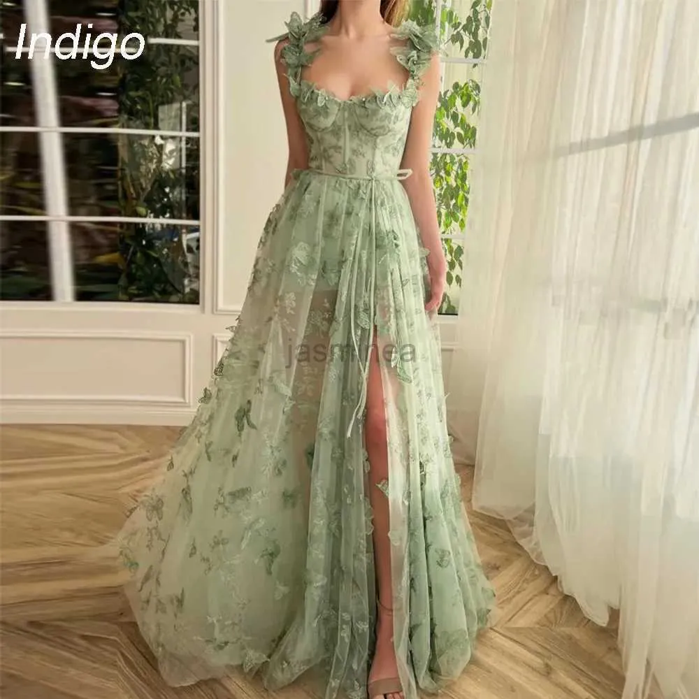 Urban Sexy Dresses Indigo Prom Dresses A-Line Spaghetti Stems Axless Split 3D Farterfly Open Back Train Evening Gowns for Women 2024 24410