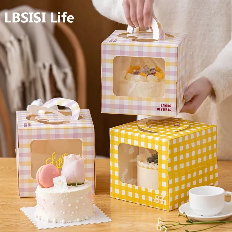 LBSISI Life 10pcs Handle Paper Cake Boxes with Window Birthday Party Baby Shower Célébrez 4/6/8 POUC