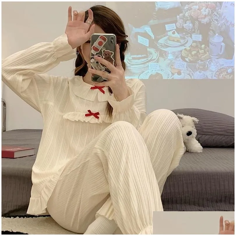 Kvinnor Sleepwear 2023 Spring Autumn Long Sleeve Cotton Pyjama Set For Women Korean Söt kostym Pajama Homewear Pijama Mujer Home Drop D DHWF0