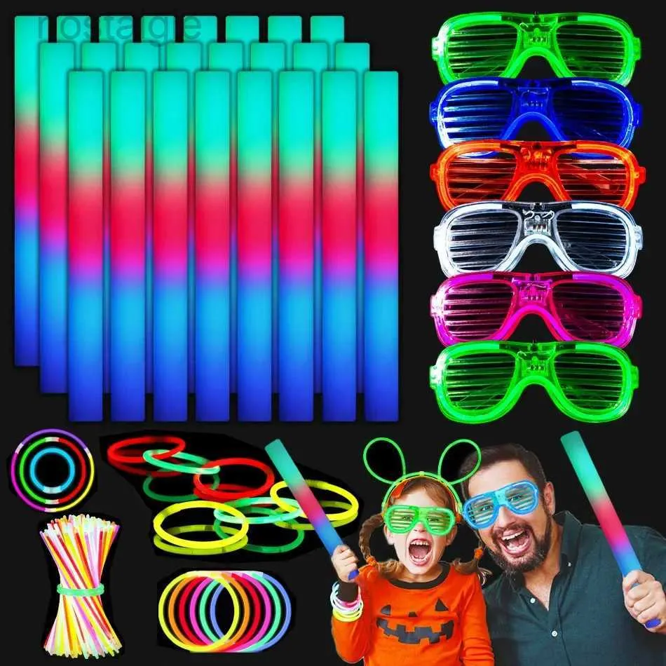 LED Rave Toy 118 PCS LED FOAM Glow Sticks Light Up Glasses Neon Bracelet Necklace Glow في The Dark Party Supplies عيد ميلاد عيد الميلاد 240410