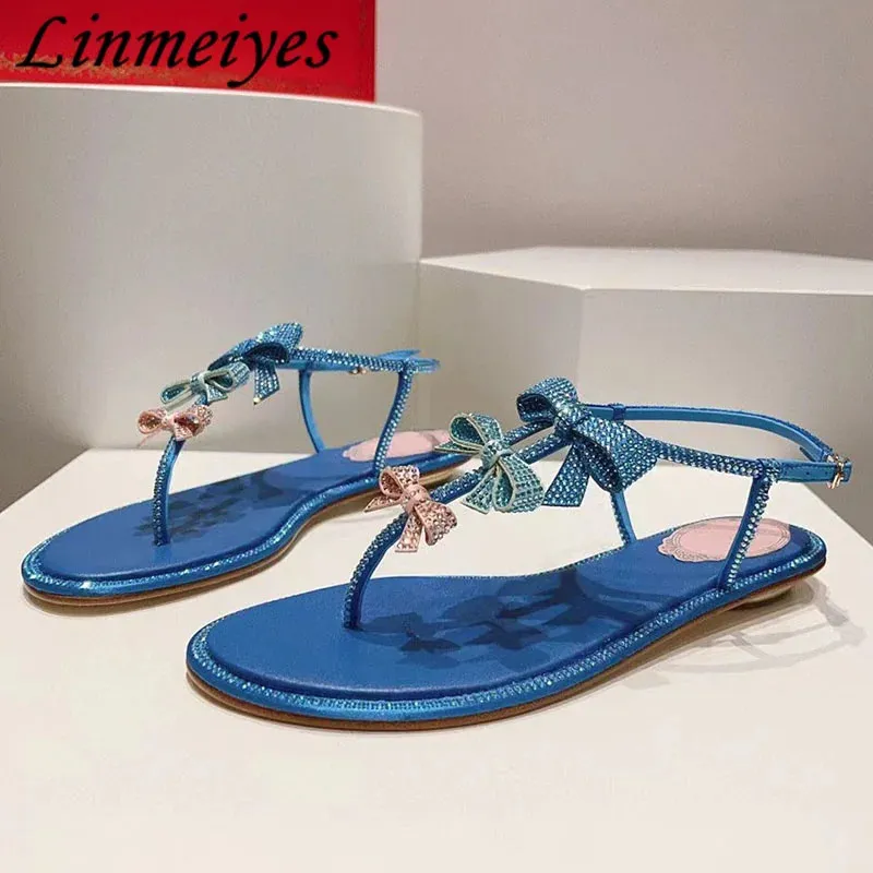 Summer Crystal Sandals Women Rhinestone Butterfly-knot Runway Shoes Women Flip Flops Holiday Fashion Comfort Flat Sandals Woman 240329