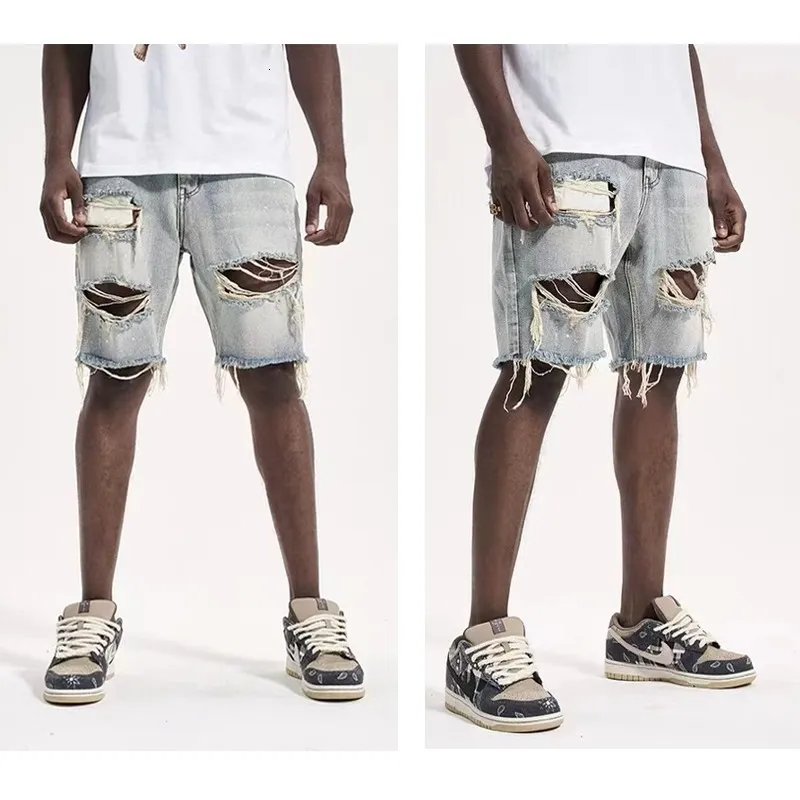 High Street Perforated Shorts for Mens Oversized distressed Ragged Edge Beggar Cowboy Split Pants Instagram 240410