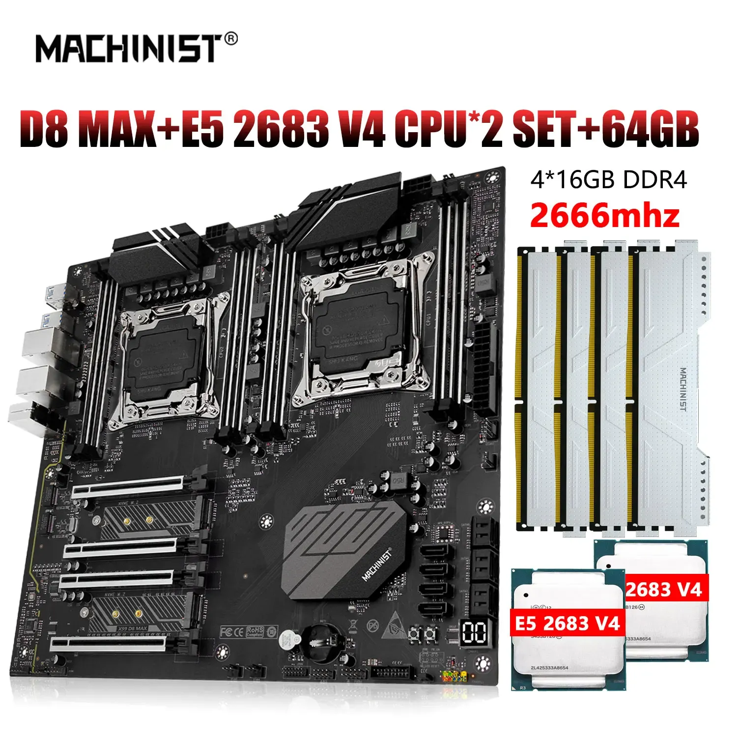 Moederborden machinist X99 Moederbordset LGA 20113 Kit Xeon CPU E5 2683 V4 Dual Processor DDR4 4*16GB 2666MHz RAM USB3.0 NVME M.2 D8 MAX