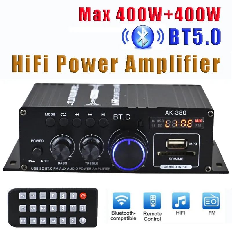 Förstärkare AK380 12V Bluetooth Power Amplifier Home Car Class D HIFI AMP Max 800W Stereo Bass Audio AMPS Support FM MP3 Player USB SD Input