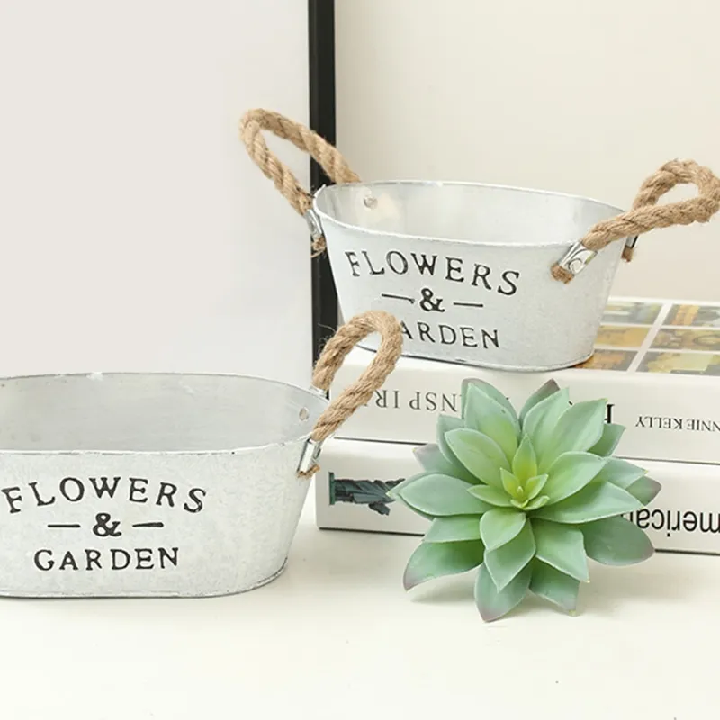 Rustic White Bucket Flower Pot Succulent Plant Container with Twine Handles Vintage Watering Flowerpots Primitive Farmhouse X7XD