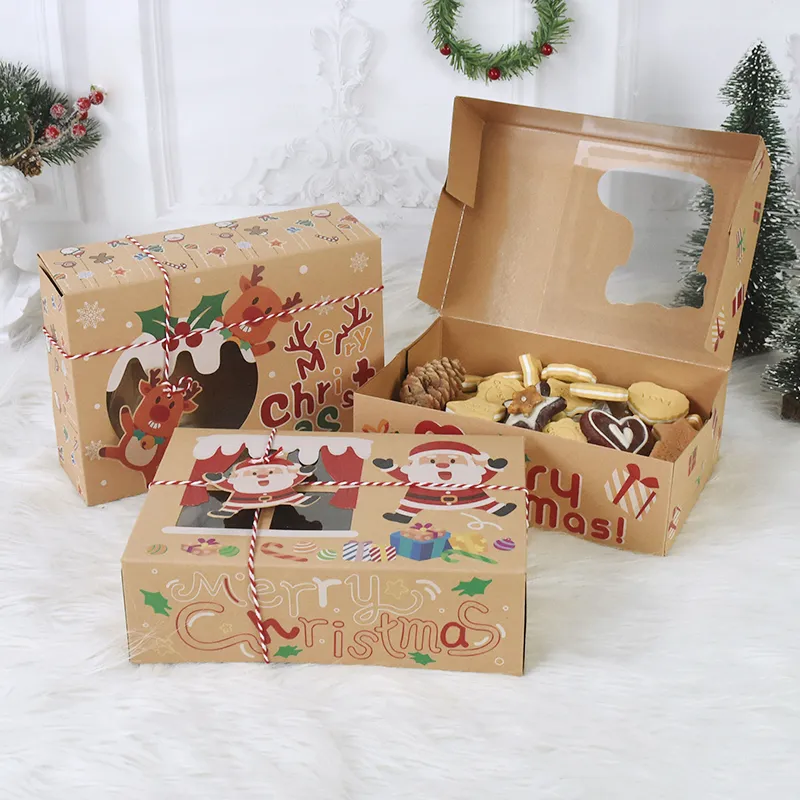 4Pcs Merry Christmas Gift Boxes Santa New Year Kraft Paper Clear Window Candy Cookie Packaging Box Xmas Party Favor Decoration