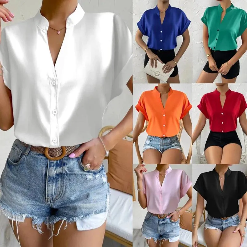 Kvinnors blusar kvinnor v hals kort ärmknapp Solid Loose Blouse Summer Kvinna OL Business Shirt Tops Sze-St23012