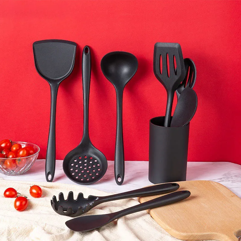 Ensemble d'ustensiles en Silicone noir, outil de cuisine résistant à la chaleur avec spatule antiadhésive, louche, batteurs d'œufs, pelle, ensemble de cuisine