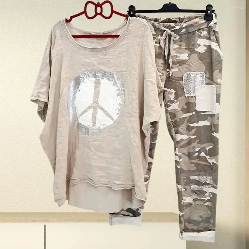 Tweedelige broek van dames 2 stks camouflage set onregelmatige t-shirt drawstring zomer outfit ontspannen fit asymmetrische blouse casual streetwear