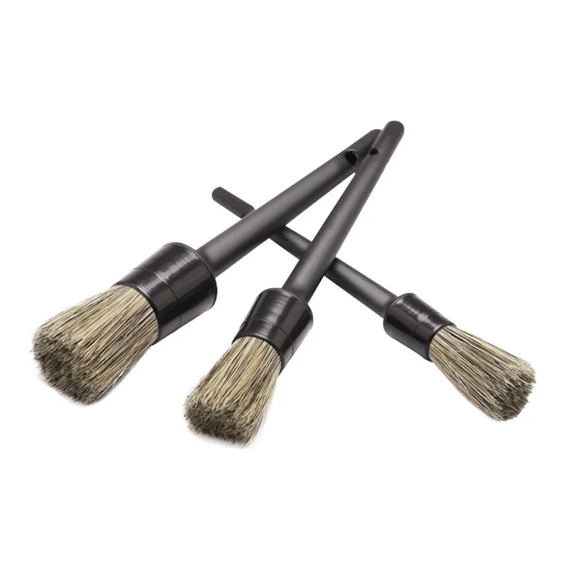 Cabelo de javali natural misturado com escovas de limpeza de carros de fibra kit de detalhes de detalhamento automático 3pcs para aros de roda do painel interior