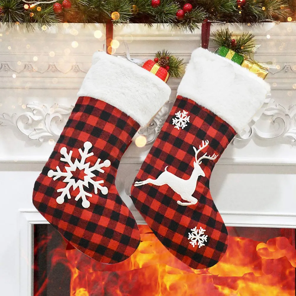 Quadro de Natal Red Plaid Elk Snowflake Gift Sacos de doces de Natal Bordado Meias de Natal Tree Pingente Decoração de Natal para casa