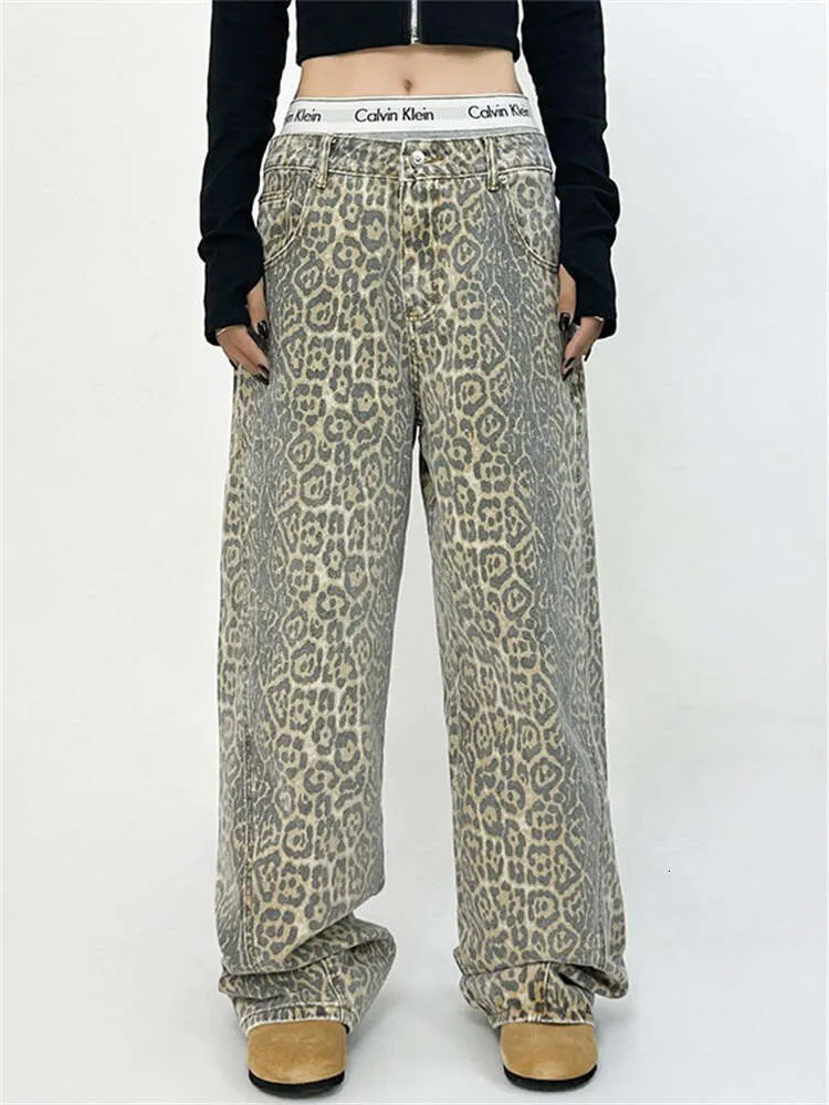 Leopard Print Women American Retro Wide Leg Pants Baggy High Waisted Boyfriend Jeans Loose Y2k Oversized Hip Hop Trousers