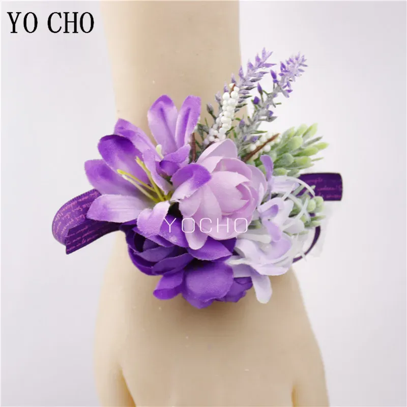 Yo Cho Wedding Corsages Groom Boutonniere biały fioletowy jedwabny Rose Man broszki ślubne druhny