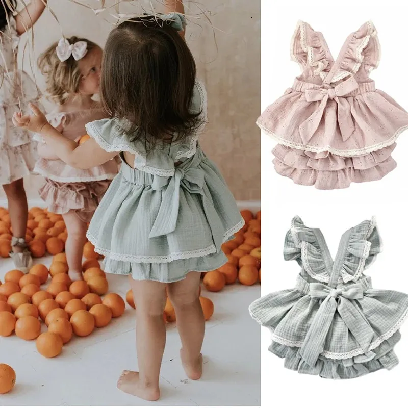 1 Set Vintage Baby Girl Sleeveless Criss-Cross Dress Kid Ruffles Dresslace Shorts Toddder Princess Dresses Children Clothing 4T 240329