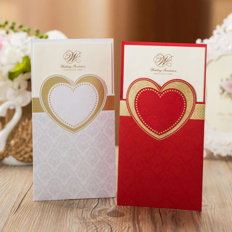 50 stcs Red Witte Laser Cut Wedding Uitnodigingen Kaart Love Heart Wenskaarten Aangepast Envelops Wedding Party Gunsten Supplies