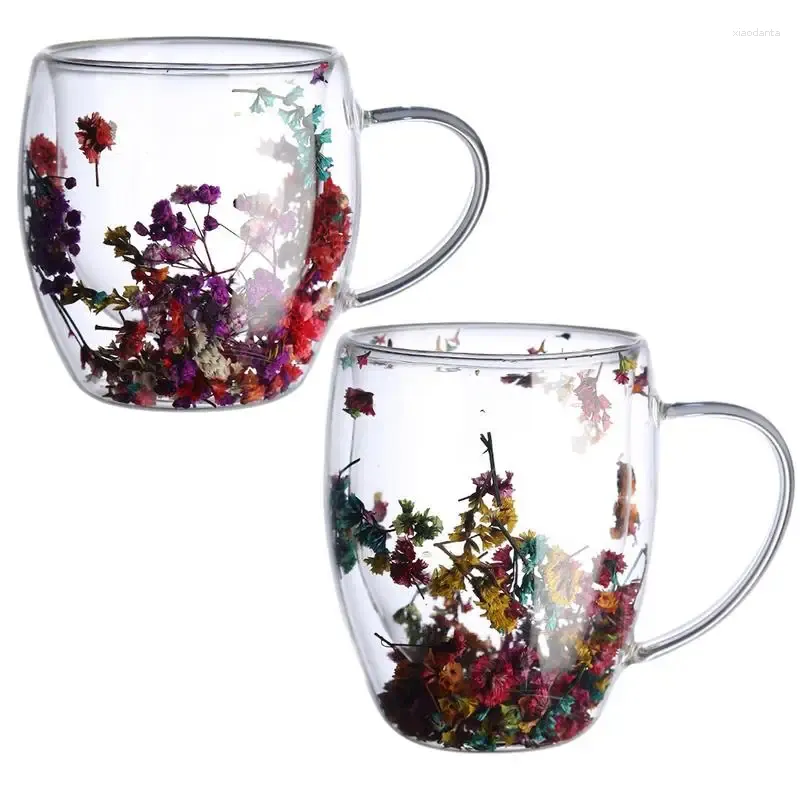 Copas de vino Flor elegante y seca Vidretes de doble pared Café Taza resistente al calor con flores