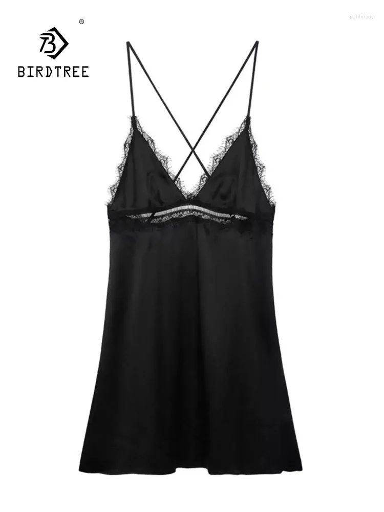 Vêtements de nuit pour femmes Birdtree 93% Real Silk Pyjama Dress Femme Spaghetti Strap dentelle Deep V Neck Sexy Backless Nightgown 2024 Été P43016QC