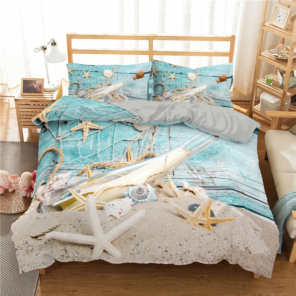 Ocean Bedding Set Coast Beach Duvet Cover Set Blue Starfish Bed Set Kids Teen Shell Home Textiles Summer Bedspread Quilt Cover