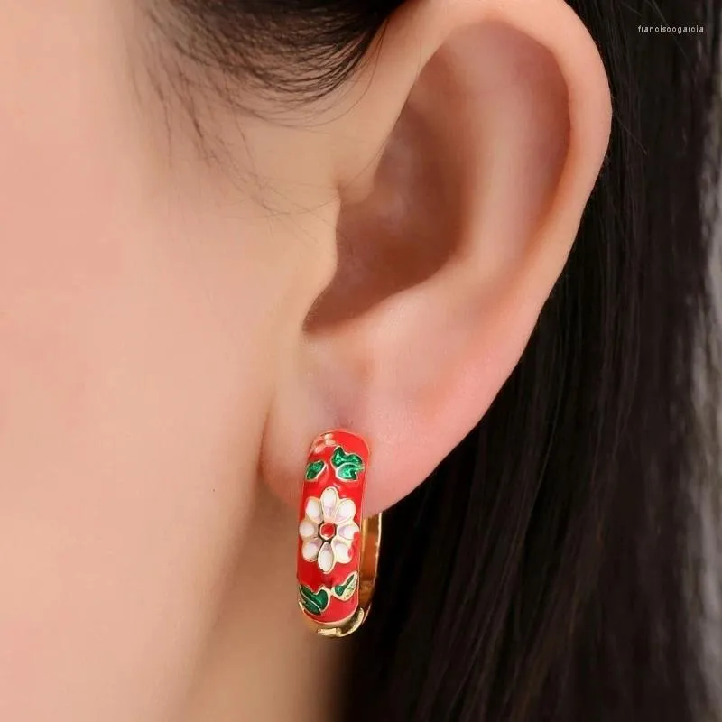 Hoop oorbellen Huggie For Women Girls Multicolored Flower Earring Goudkleur