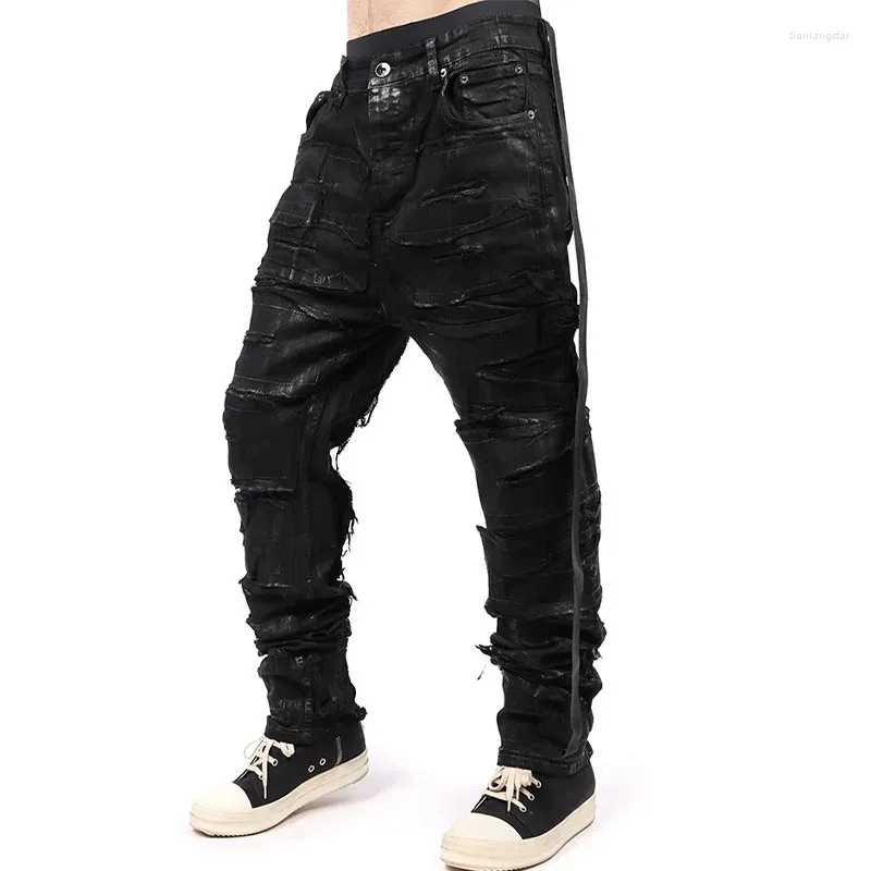 Men's Jeans Niche Designer Style Wax Coated Distressed Black Ripped Casual Pants Trousers