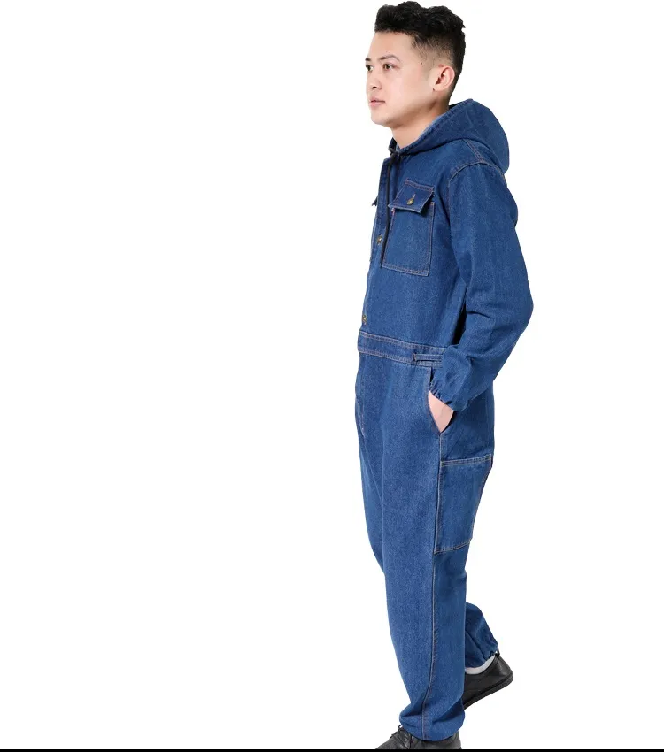 Arbetarkläder Arbetskläder övergripande denim Jumpsuit man/kvinnliga fabriksuniformer Arbetskläder Långärmad tjock huva svetsdräkt