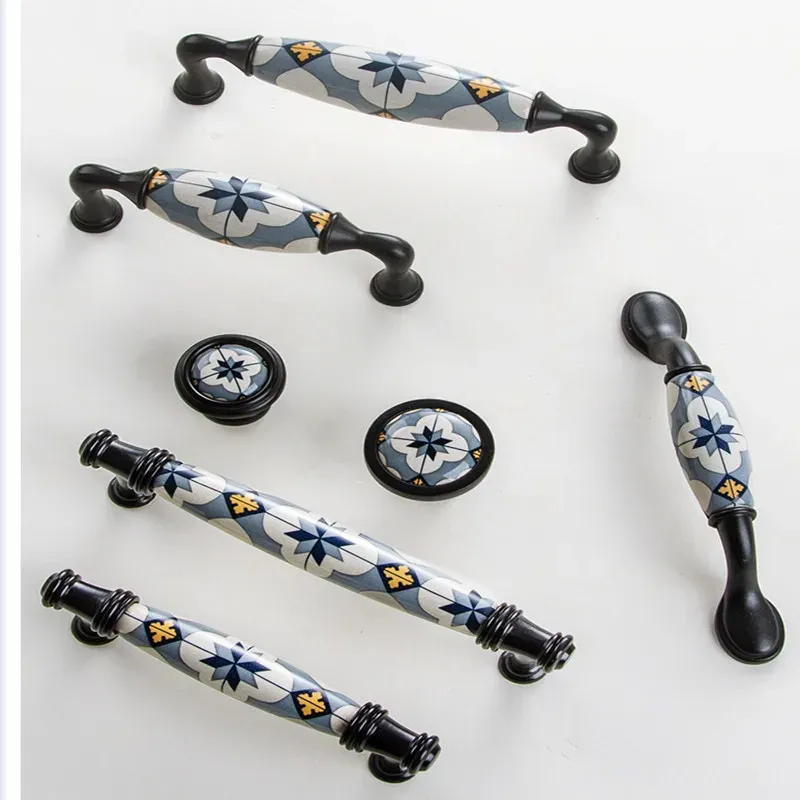 Vintage Ceramic zieht Blue Villatic Möbel Schubladenknopf und handhaben europäische Küchenschrankgriffe für Möbelhardware