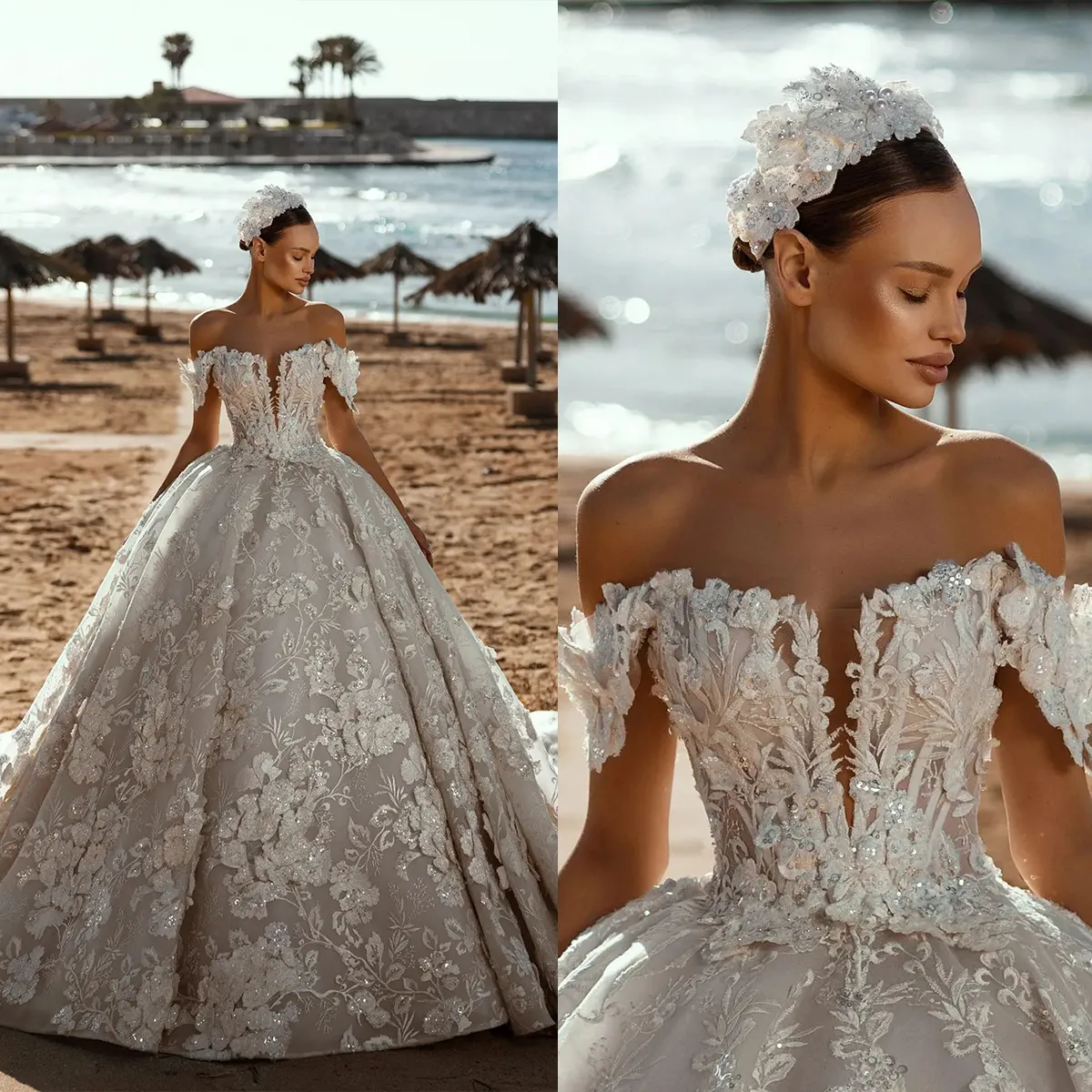 Vintage 3D-Floral Appliques Wedding Dress Off Shoulder Bridal Ball Gowns Custom Made Sequins Sweep Train Vestido De Novia Bride Dress