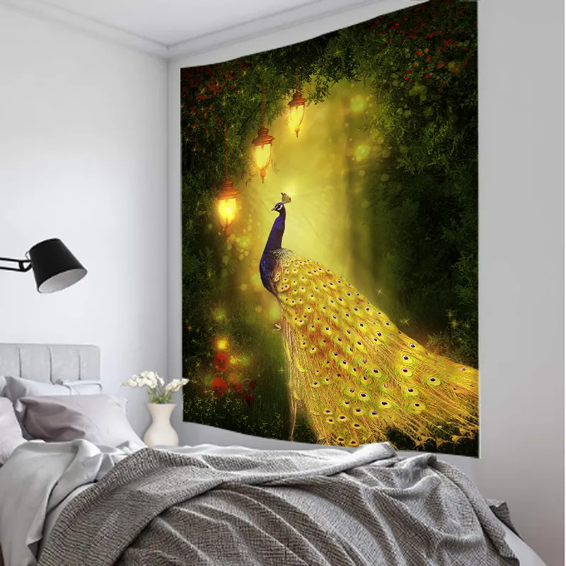 Natural Forest Tapestry Landscape Dream House and Peacock Printing Wall Tapestry Billig hippy vägg hängande bohemisk väggmålning dekorat