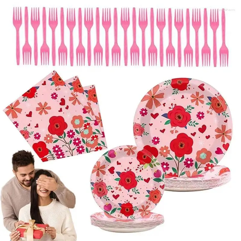 Servis uppsättningar Alla hjärtans dag Tabelleriset Set Valentine Party Paper Plates Pink Floral tema Födelsedag