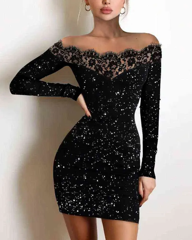 Dresses Sexy Vestidos Women's Dress Shein Romwe Y2K Fall Decor Sequins Contrast Lace Long Sleeve Bodycon Dress Midi Vestidos Y1204