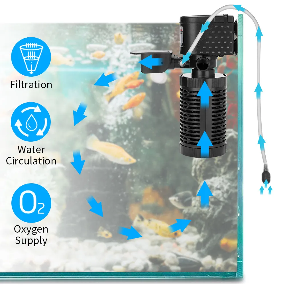 3 I 1 Silent Aquarium Filter Submersible Syre Internt pumpsvampvatten med regnspray för fisktankluftökning