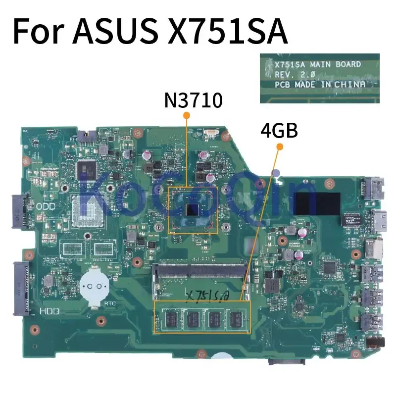 Płyta główna dla ASUS X751SA N3700/N3710 4G Notebook Mainboard X751SJ F751SJ K751SV F751SV X751SV A751SV F751SA A751SA Laptopa płyta główna