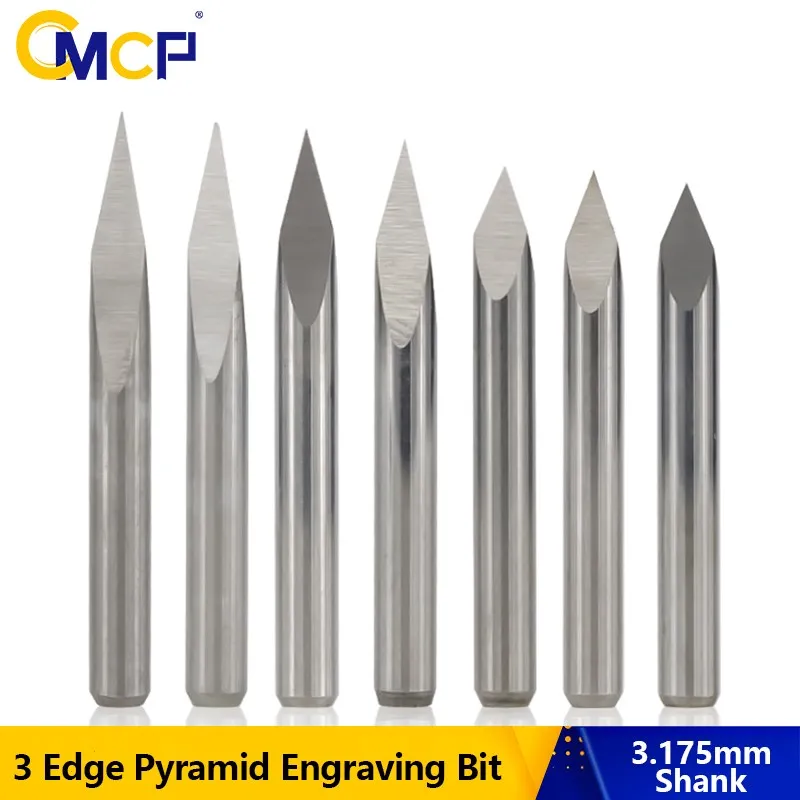 CMCP frezowanie noża 1/8 cala Shank 3 krawędzi Pyramida Bit CNC ROUTER BIT DREAD NICKING 10PCS 20/30/40/45/60/90 stopnia