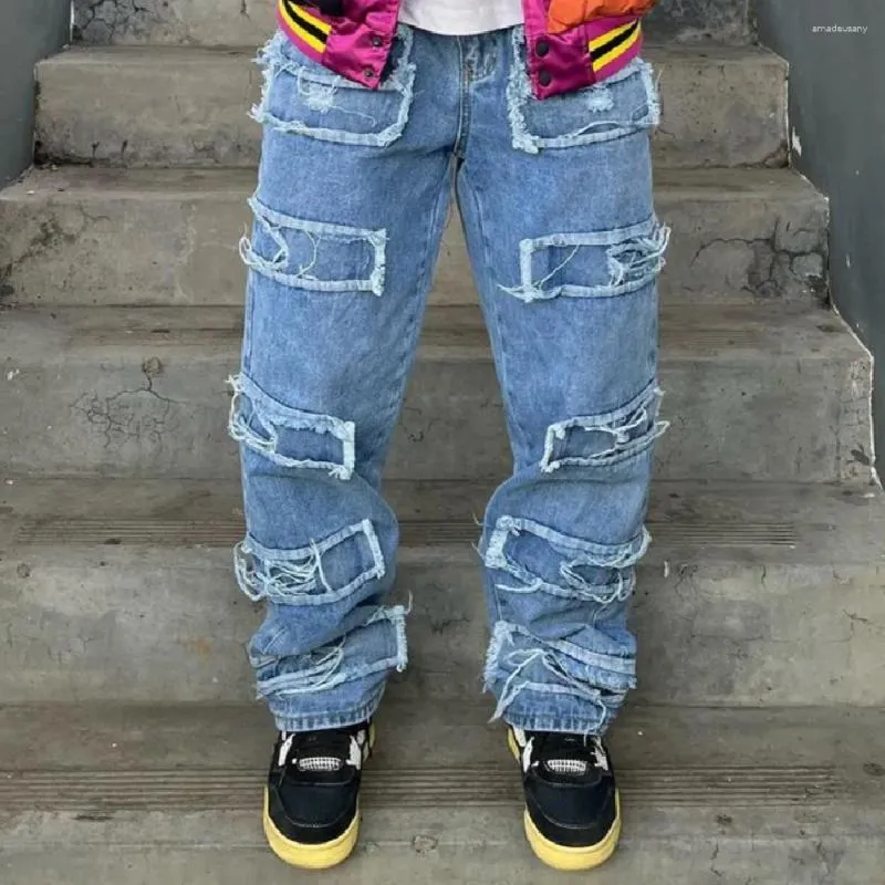 Men's Jeans Streetwear Men Motorcycle Loose Biker Trousers Male Hip Hop Stylish Stacked Spliced Straight Solid Denim Pants