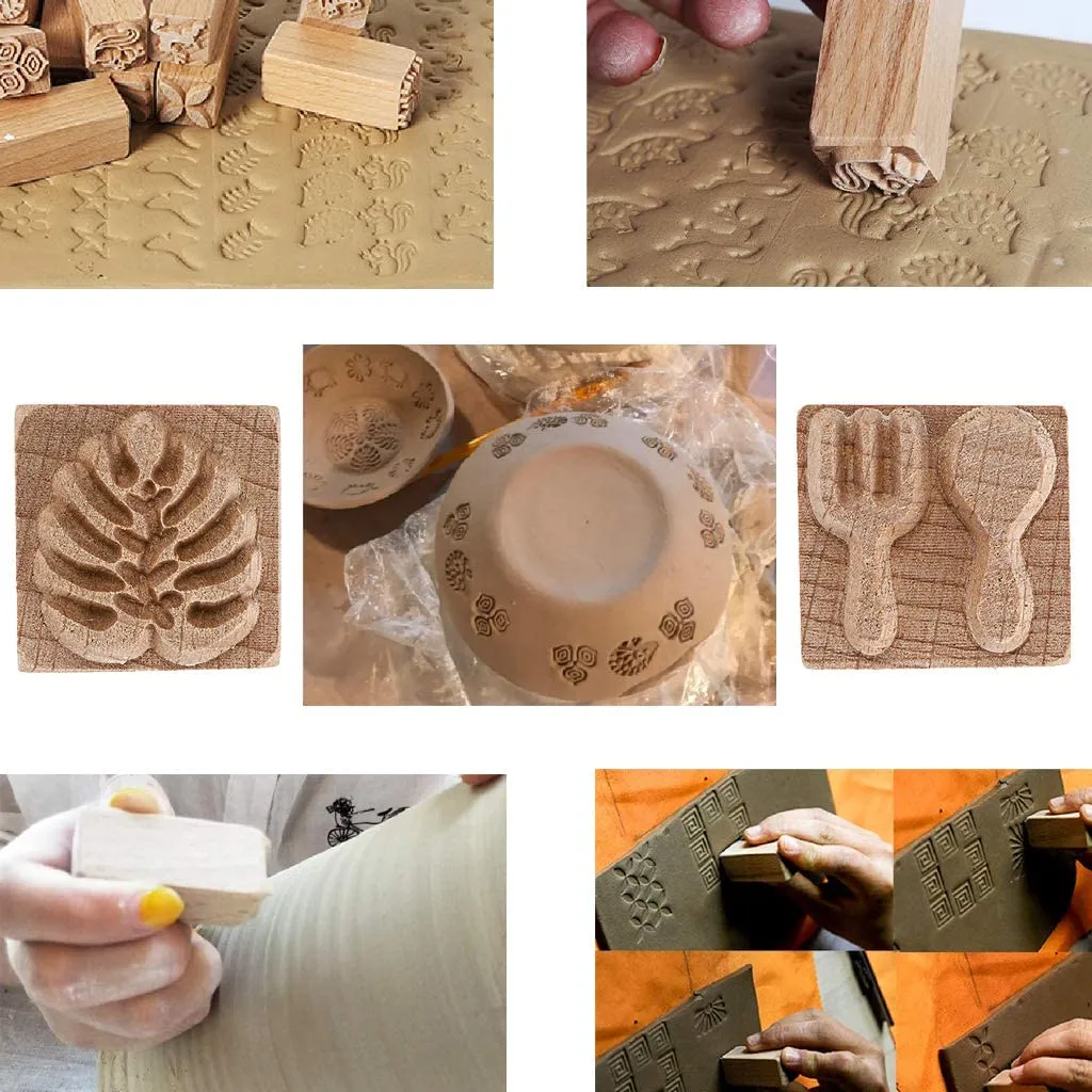 Outils de poterie de bois tampons tampons en bois carrés tampons en bois naturel avec motifs mélangés pour cadeau d'anniversaire en argile