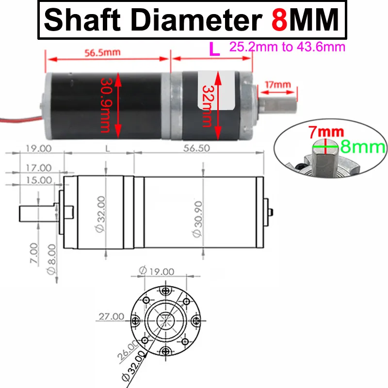 Motor da engrenagem planetária DC 24V 12V de baixa velocidade Diâmetro de motor pequeno 32mm Velocidade ajustável e eixo reversível diâmetro 6mm ou 8mm