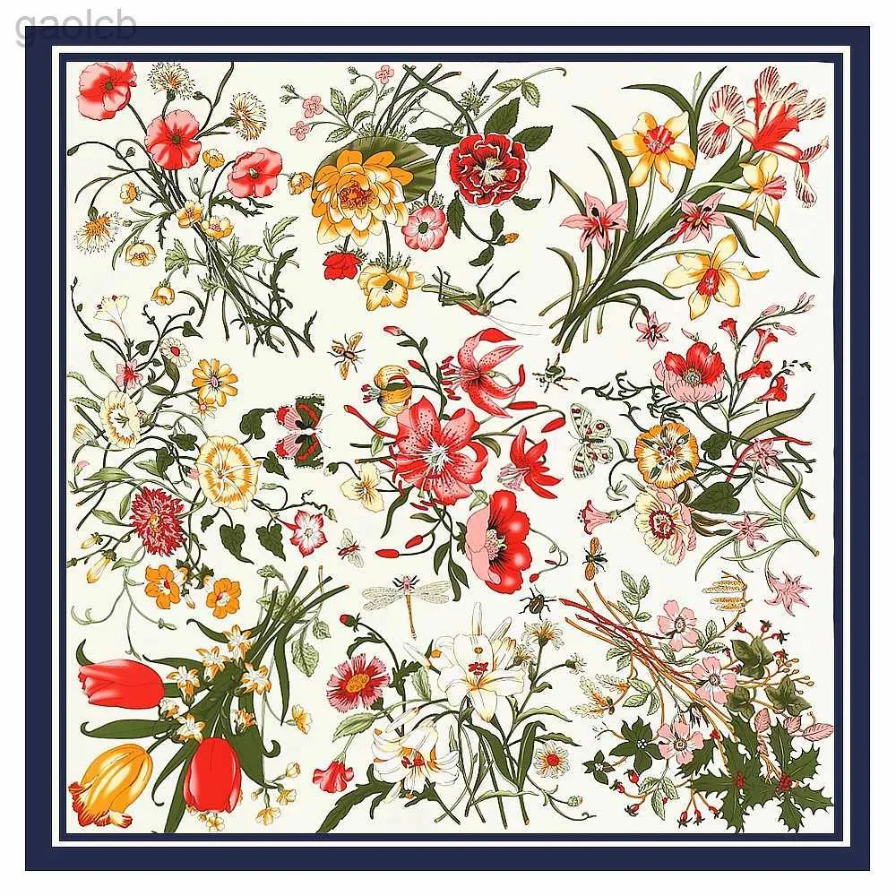 スカーフヨーロッパ130cm春の新しい植物と花の女性の古典的なツイル装飾ファッション旅行温かいショール大きな四角いスカーフ240410
