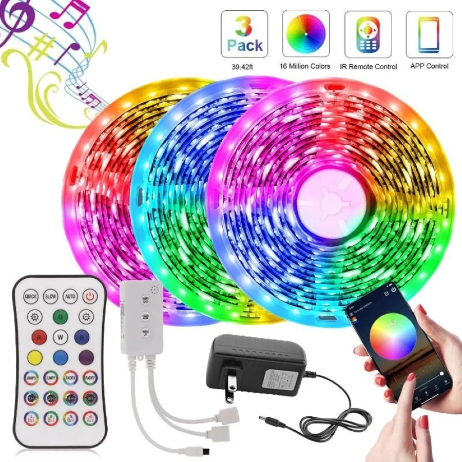 Lumière de nuit Bluetooth LED Strip 12V Smart Lamp Boucdroom Cuisine Éclairage avec télécommande Colored Lights Armoret224V