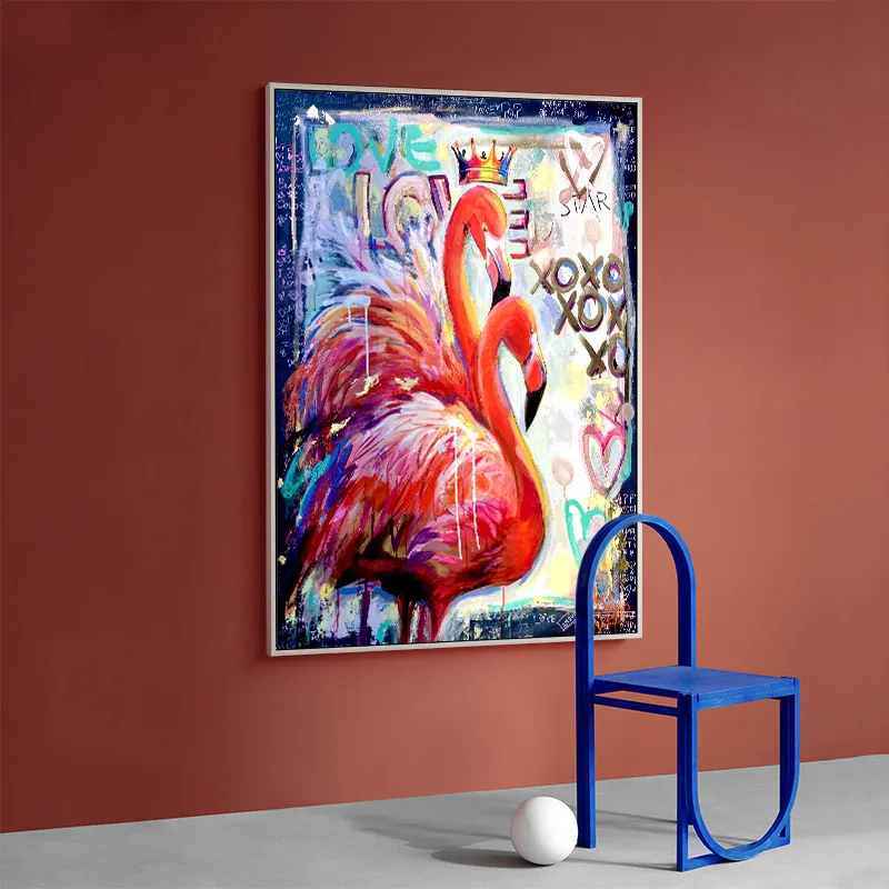 Two Flamingos Couple Pop Art Posters Prints Wall Art Canvas Painting Street Graffiti Mural Picture for Livng Room Decor Cuadros