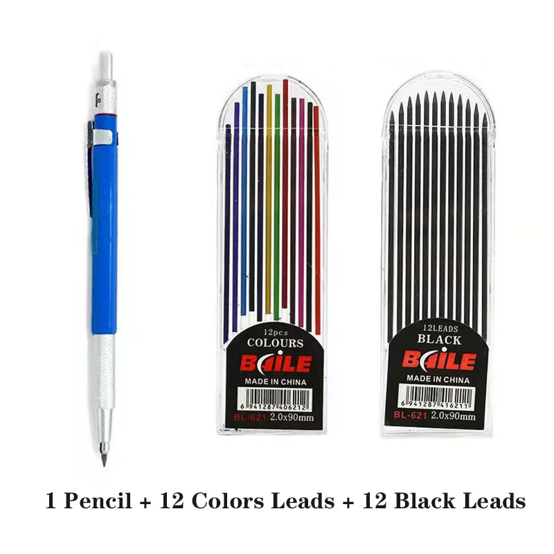 Metal Mechanical Pencil 2.0 Mm 2B Black Color Lead Holder Drafting Drawing Set With Leads Writing School Gift Stationery